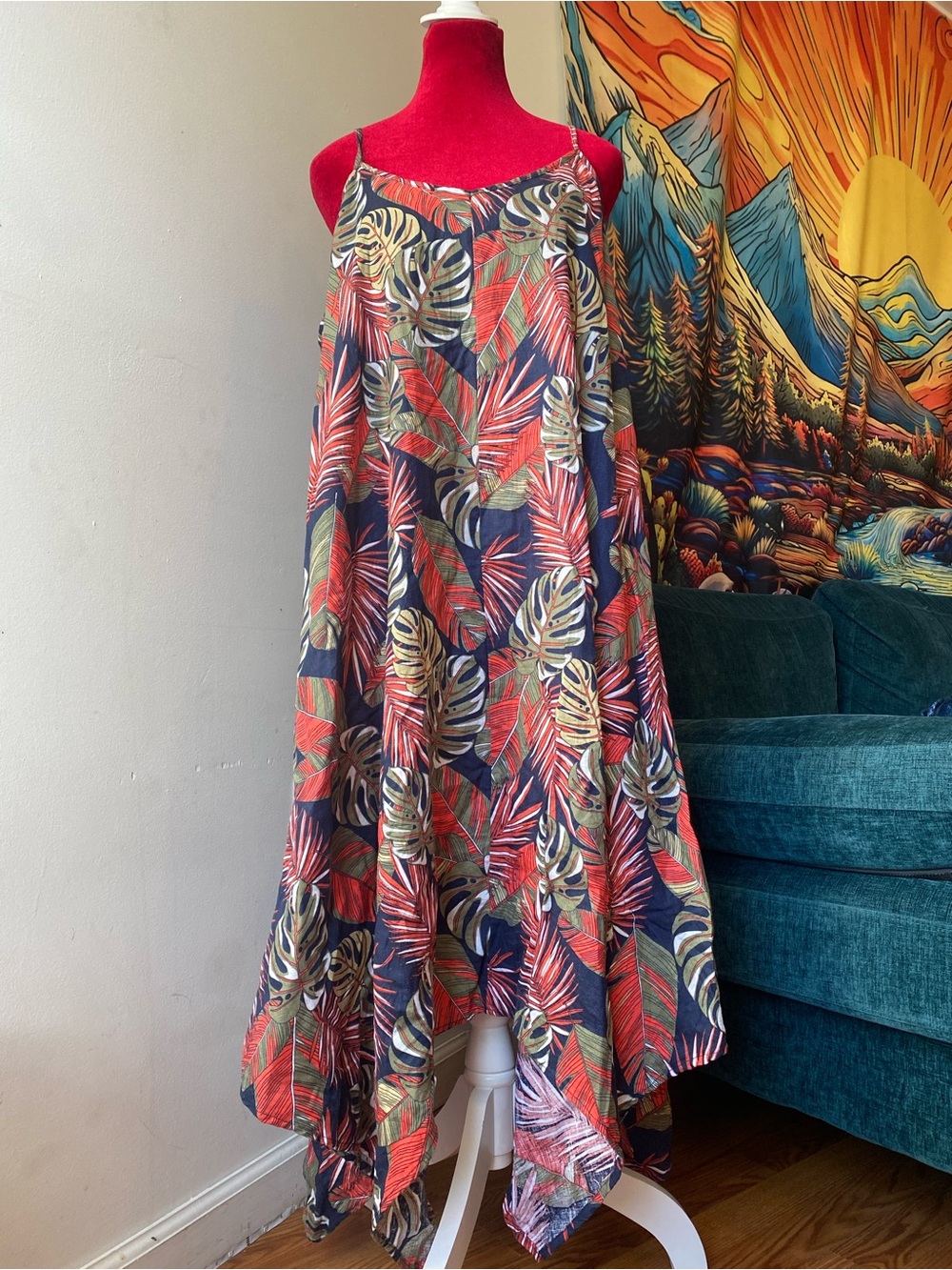 Time and Tru Asymmetrical Tropical Leaf Maxi Skirt in Red, Navy, Green
